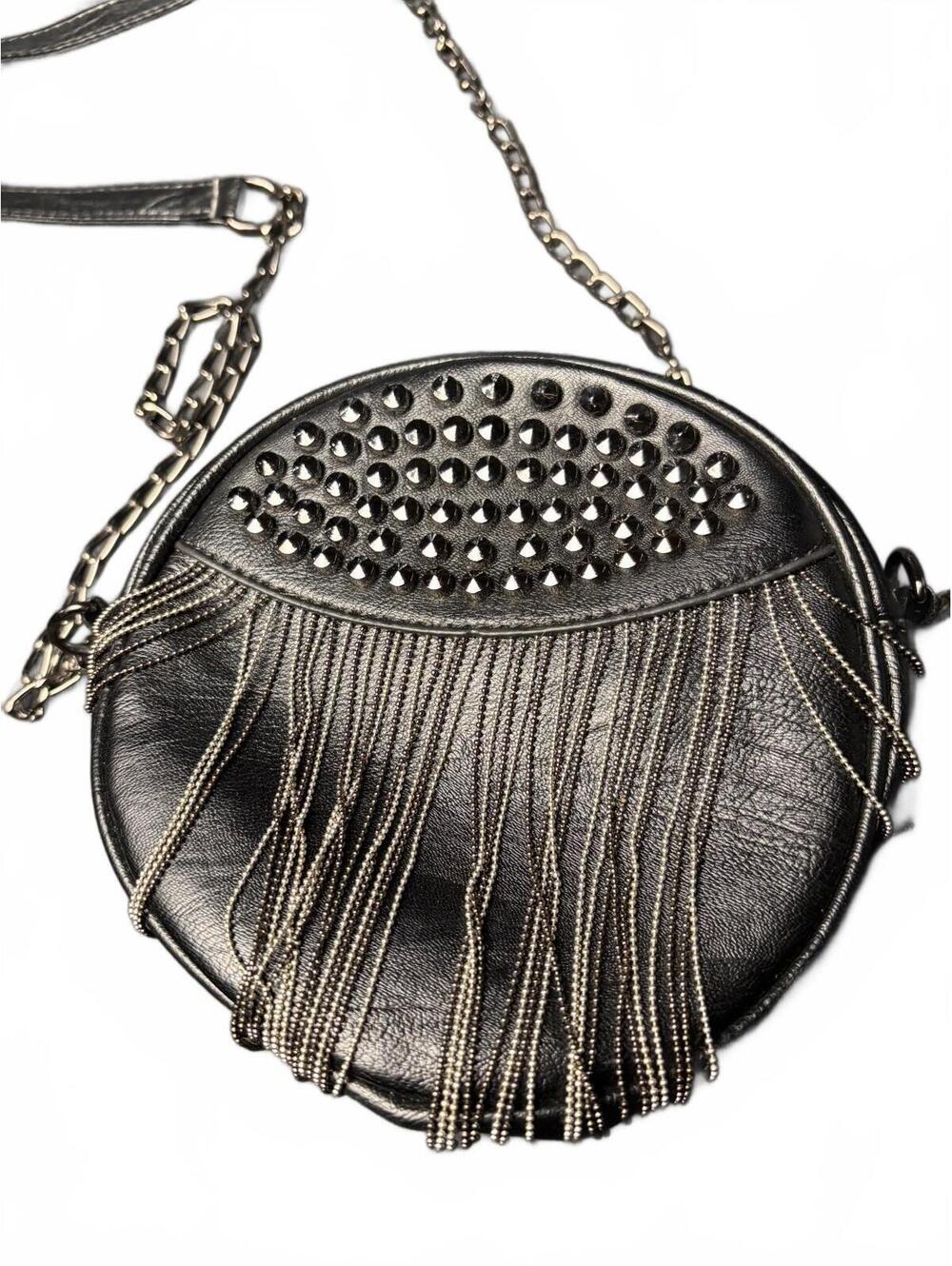 Black Round Shoulder Bag with Studs and Chain Fringe